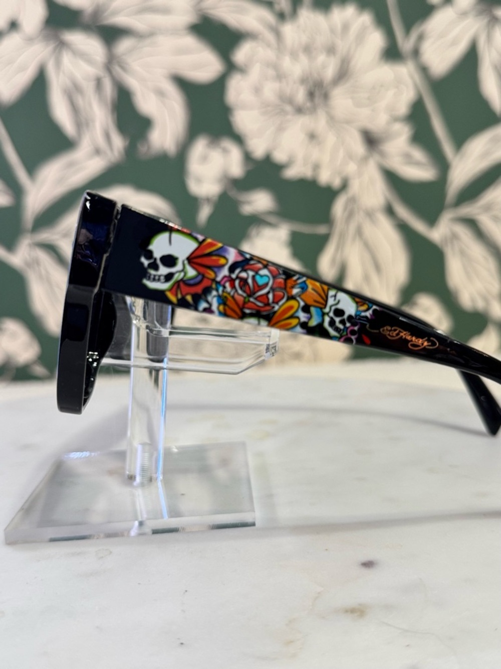 Ed Hardy Black Sunglasses with Colorful Skull & Floral Temple Art